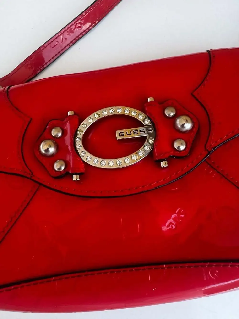 Guess Red Patent Leather Shoulder Bag with Rhinestone Logo Hardware